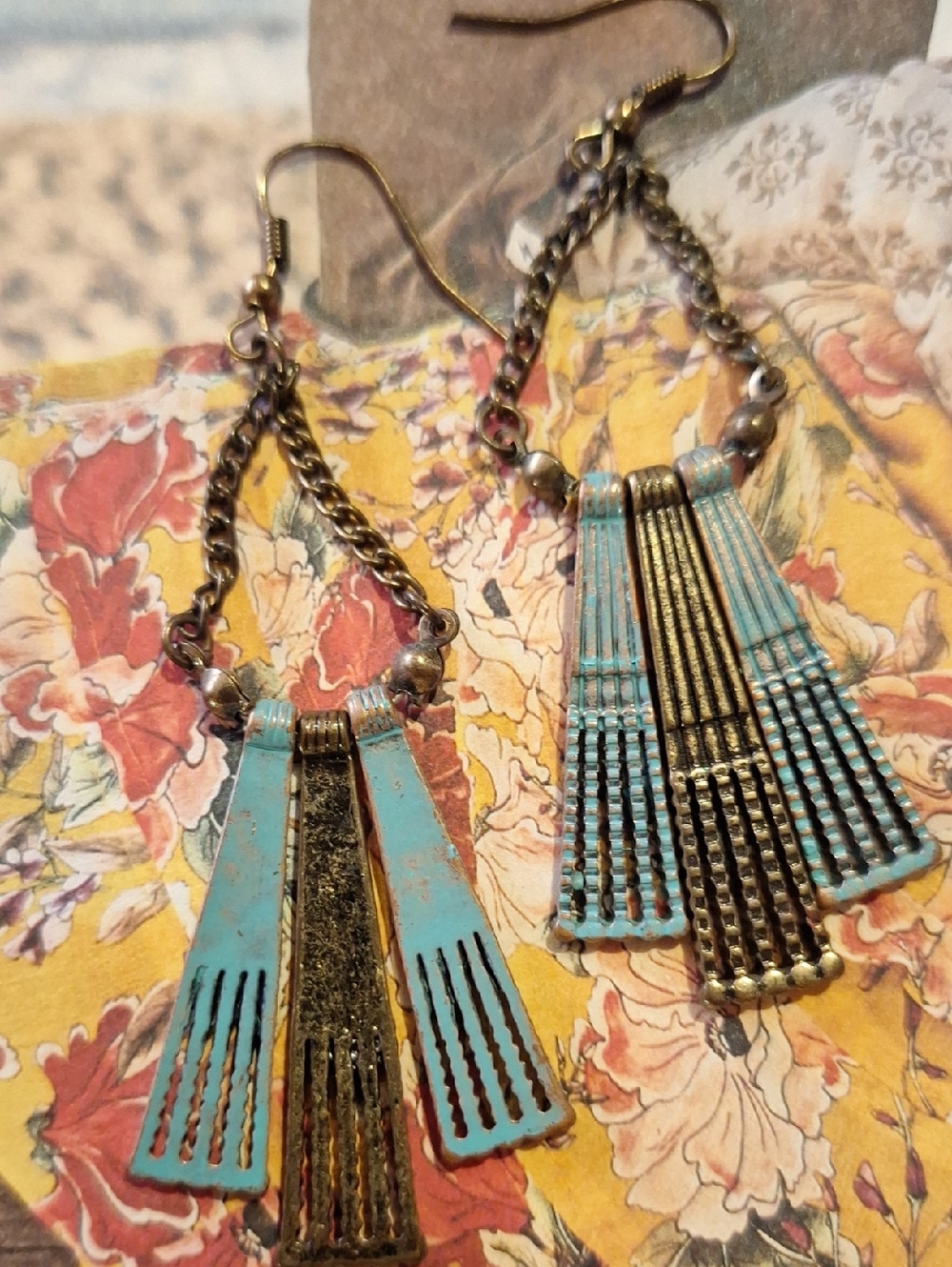 Turquoise Patina Fan Drop Earrings by